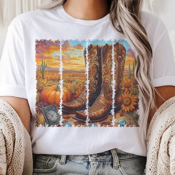 Western Fall Cowboy Boots and Pumpkins Vintage Graphic White Tee - Picture 1 of 1